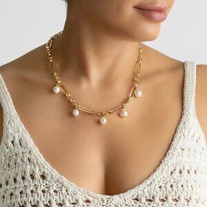 Gold Pearl Mixed Link Chain Necklace